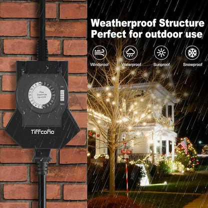 Outdoor Timer Outlet Waterproof, 24 Hour Mechanical Light Timer Outdoor, 2 Grounded Outlets for Home and Garden, 15A 1/2HP, Heavy Duty, ETL Listed (2 Packs)