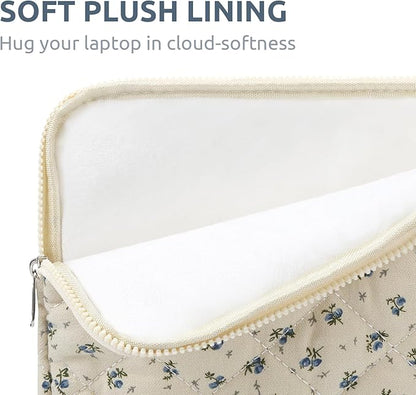 Puffy Laptop Sleeve 13-15.6 Inch Cute Quilted Laptop Protective Case Padded Floral Computer Sleeve for MacBook (A-Blue, 15 Inch)