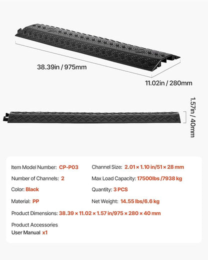 VEVOR 3 Pack Drop Over Cable Cover, 2 Channel Heavy Duty Cable Hose Protector Ramp, 38.3'' Floor Cord Cover, 17,500 lbs/Axle Load Capacity, for Traffic Areas, Indoor, Outdoor, Home, Office, Warehouse