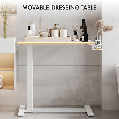 FLEXISPOT Mobile Standing Desk with Wheels Pneumatic Laptop Rolling Computer Cart Movable Height Adjustable Small Sit Stand Desk Computer Workstations Home Use（31.5" W x 17.7" D,White+Maple
