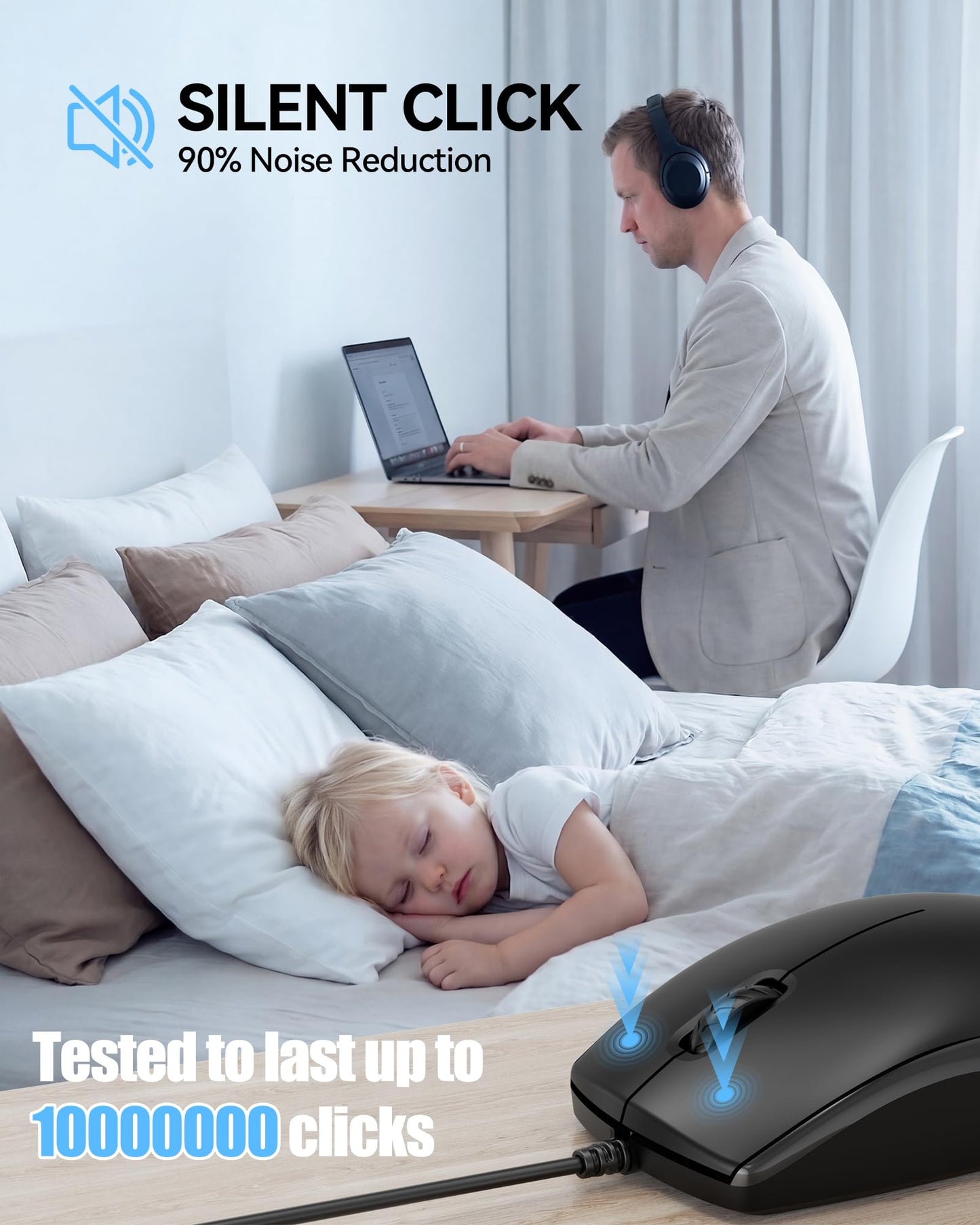TECKNET USB-A Wired Mouse for Laptop Computer with 2-Button,Home and Office 5FT Corded Mouse, 1600DPI Ergo-Optic Shape PC Mouse Wired for Chromebook,PC,Desktop,Notebook-Black