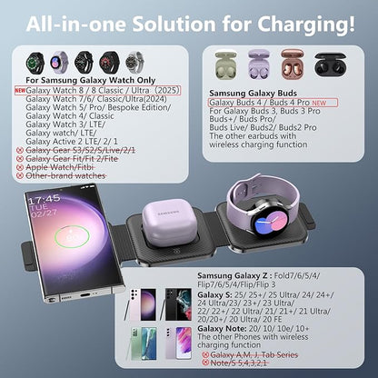 Travel Charger for Samsung Multi Devices, Foldable 3 in 1 Wireless Charging Station Fast Charging Stand/Pad Compatible for Samsung Galaxy S25/S24/S23/Note20 GalaxyWatch8/7/6 Galaxy Buds4