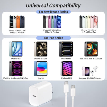 Fast USB C Charger Block,3Pack Long 6FT USBC to USBC Cable iPad Cord 20W iPhone 17 Pro Max Charger Travel Plug Fast Charging for iPhone 17/17 Air/17 Pro/16/16e/16 Pro/16Plus/15/15Pro/Pro Max/Plus,iPad