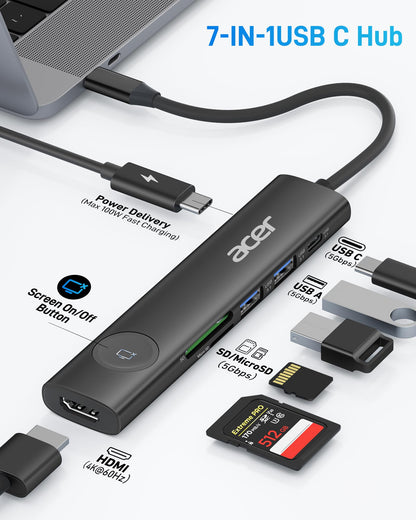 Acer USB C HUB Multiport Adapter, 7 in 1 USB-C to HDMI Adapter with 4K@60Hz, 100W PD, 5Gbps 2*USB-A 3.1, 1*Type-C 3.1, SD Card Reader Type C Dongle for iPhone 16/15, MacBook Pro/air, iPad, Acer(Black)