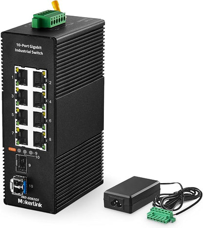 MokerLink 8 Port Gigabit Industrial DIN-Rail Ethernet Switch, 2 SFP Ports with 1 LC 20KM Module(SMF), IP40 Rated Unmanaged Network Switch (-40 to 185°F), with UL Power Supply