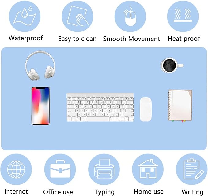 PU Leather Desk Pad Protector Gaming Mouse Pad Non Slip Desk Mat for Keyboard and Mouse Waterproof Desk Writing Pad for Office and Home Desk Accessories(Blue, 47.2 * 17.7)