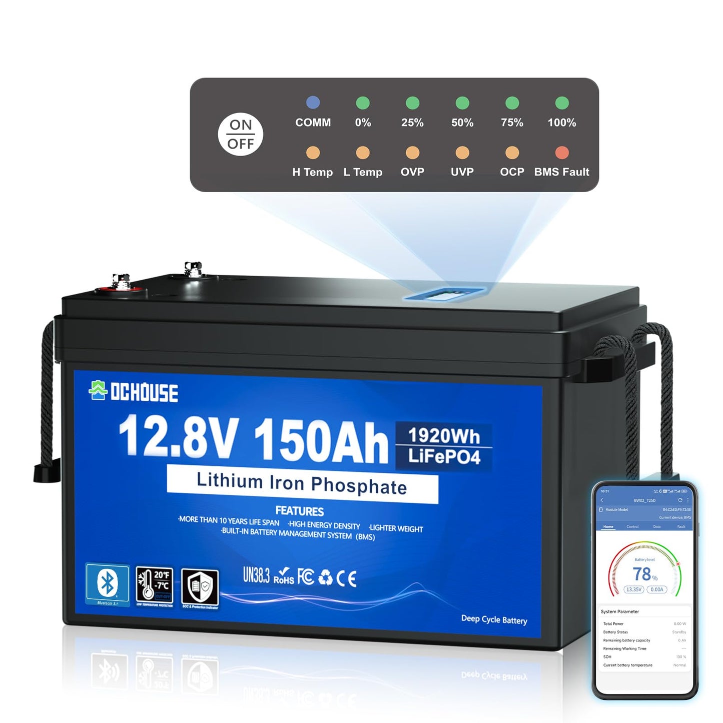 DC HOUSE 12V 150Ah LiFePO4 Lithium Battery with SOC Status Indicators, Bluetooth & Low Temp Cut-off, 12V Lithium Battery up to 15000 Cycles, 120A BMS Perfect for Trolling Motors, Marine, Solar, RV