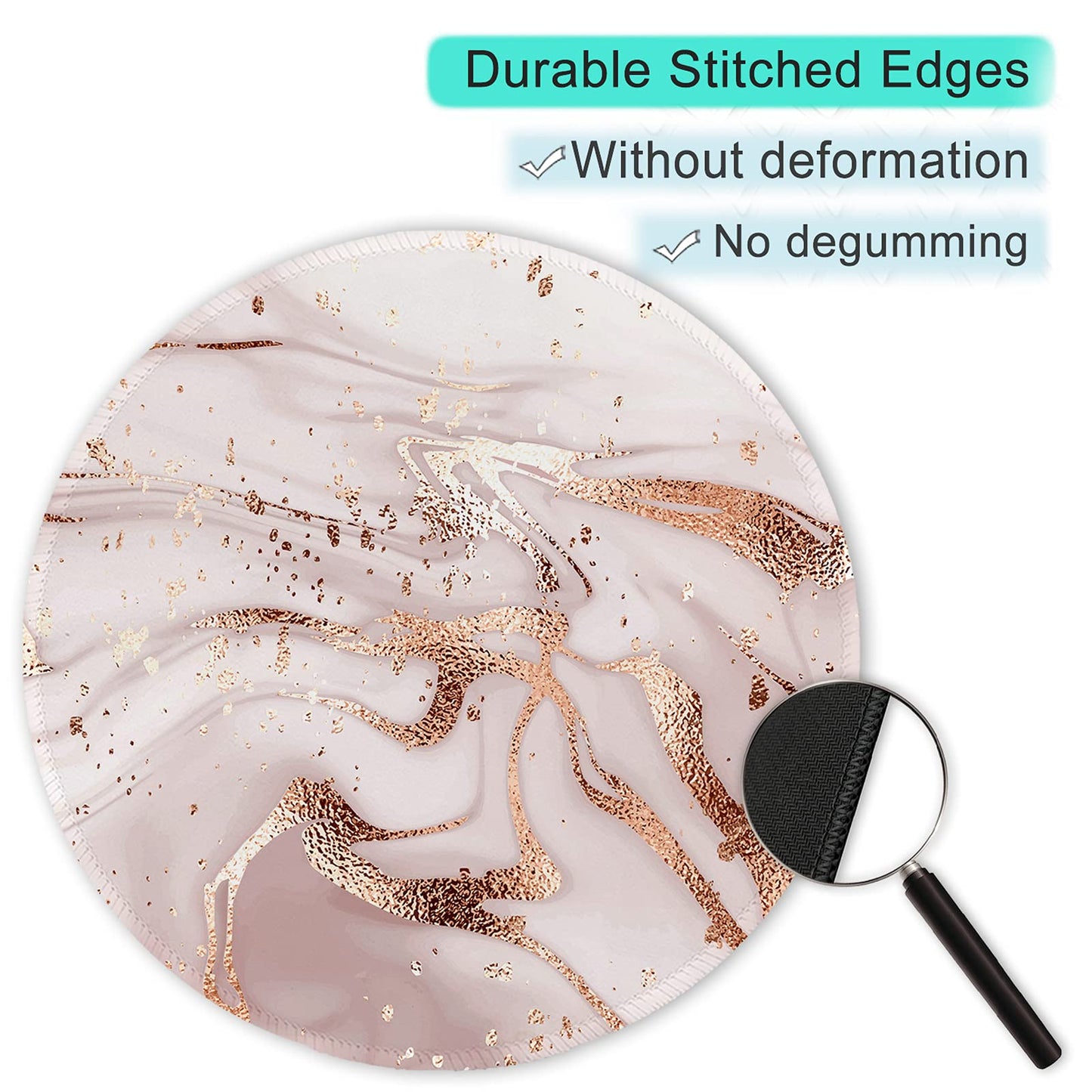 ITNRSIIET Round Mouse Pad with Stitched Edge Premium-Textured Waterproof Non-Slip Rubber Base Desktop Protection Mat Diameter 8.7 inches, Rose Gold Marbling