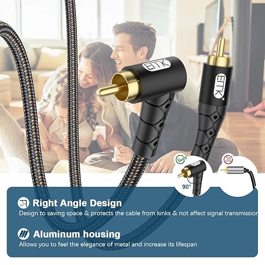 EMK 90 Degree RCA Subwoofer Cable 24K Gold-Plated Connector Nylon Braided Double Shielded – Support Digital & Analog Signals for Amplifier, Home Theater, Hi-Fi System,Subwoofer Black/50ft/15m