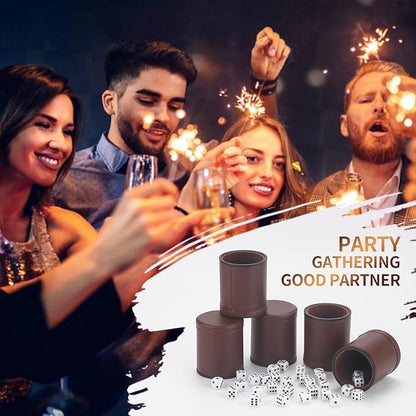 5 Pack PU Leather Dice Cups Velvet Felt-Lined Shaker Cups with 25 Dot Dice for Bar Party Yahtzee Farkle Dice Games, Brown