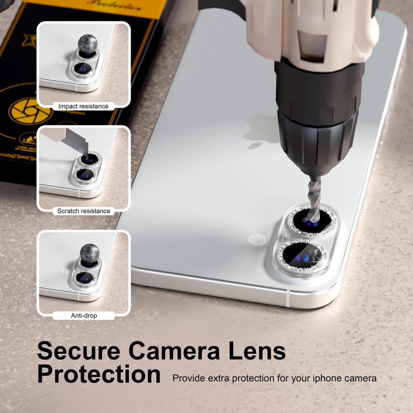 beuxece for 6 Pack iPhone 17 / iPhone 16 / iPhone 16 Plus Camera Lens Protector [Drop Protection] [Easy Installation] 9H Tempered Glass Camera Screen Protector Cover Accessories, Glitter Silver