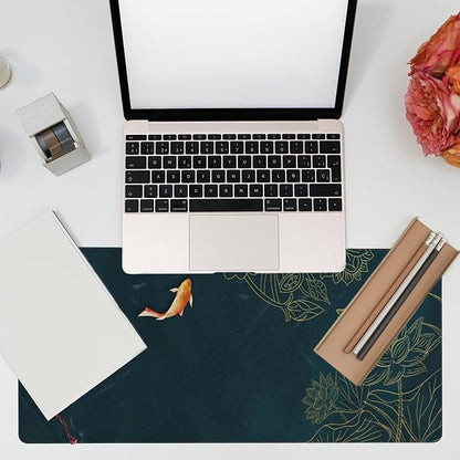 Large Gaming Mouse Pad, Koi Fish Ink Painting Desk Mat, Golden Line Lotus Desk Pad, Extended Big Computer Keyboard Mouse Pad with Non-Slip Base and Stitched Edge, 35.4"x15.7"