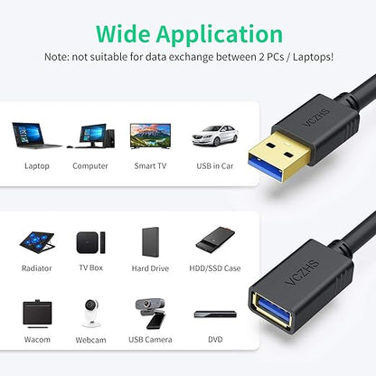 VCZHS Tech USB Extension Cable 6.6ft, USB 3.0 Extender for High-Speed Data Transfer & Fast Charging, Durable & Flexible for Mouse, Keyboard, Printer, Flash Drive, Webcam, and More