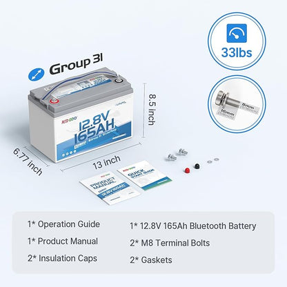 Redodo 12V 165Ah LiFePO4 Battery with Bluetooth, 165A BMS, 2112Wh, Group 31 Lithium Battery with 1.65X Longer Lasting, Perfect for RV, Marine, Solar