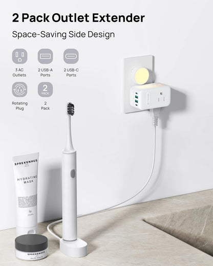 TROND Multi Plug Outlet Extender 2 Pack, 3 Way Outlet Splitter with 360 Rotating Plug, PD 20W USB C Charger Station, Sideways Adapter for Kitchen Bathroom Cruise Ship Travel Essentials