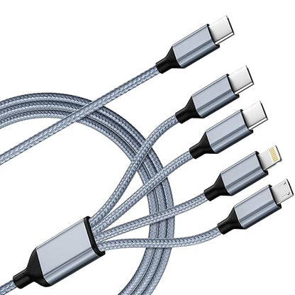 USB C Multi Charging Cable [1Pack 5FT], 4 in 1 Charging Cable Nylon Braided USB-C Multiple Charger Cord with Micro USB,IP Port and 2 Type C Adapter Port for iPhone 16/15 Series/Cell Phones and More