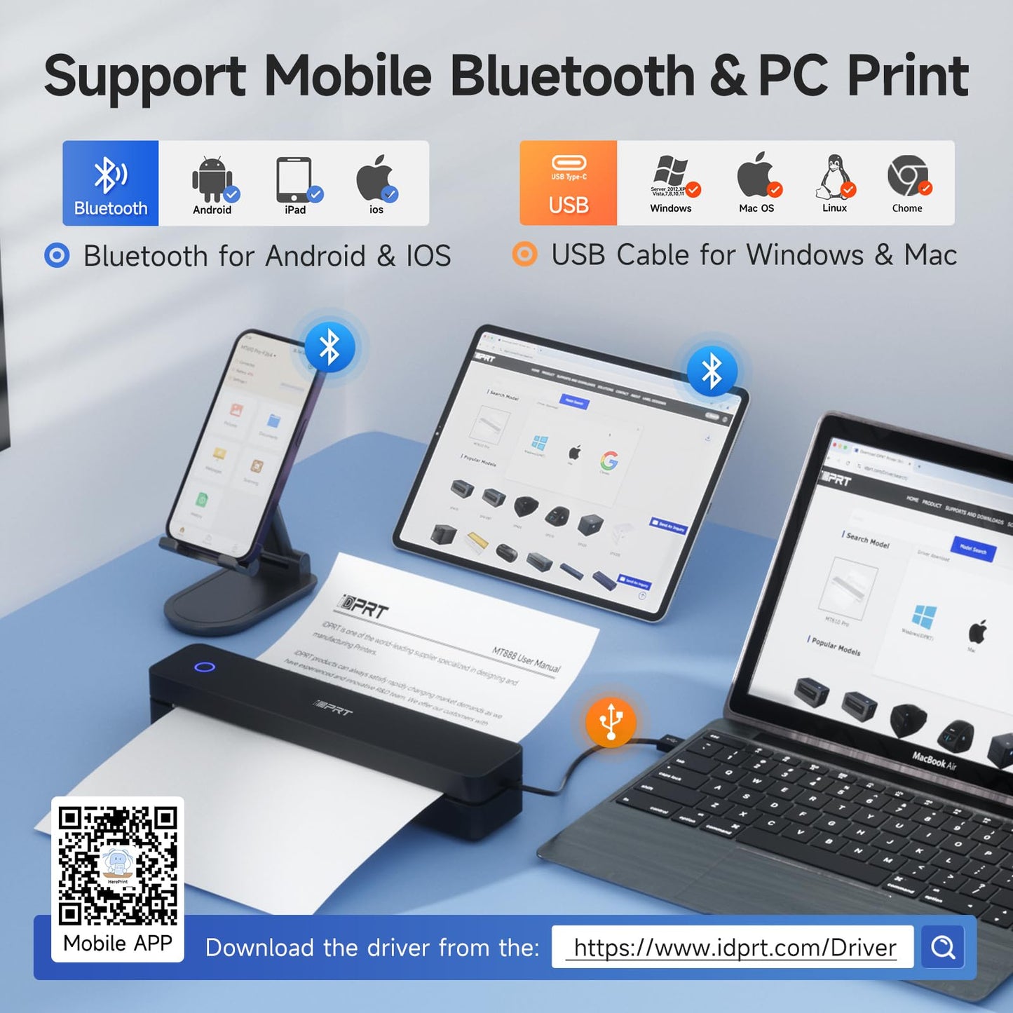 iDPRT Portable Printer Wireless for Travel - Bluetooth Mobile Printer Support for 8.5"x11" US Letter, Inkless Compatible with iOS, Android, Laptop for Office, Car and Home (pro, Black)