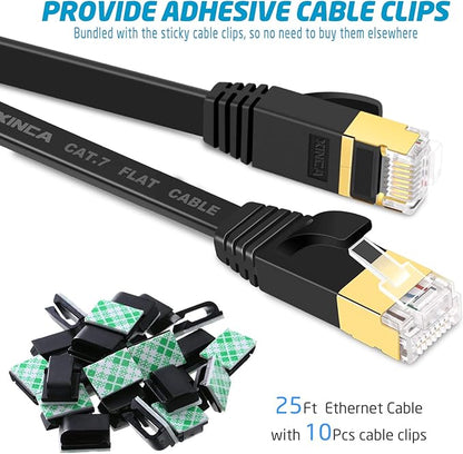 Cat 7 Flat Ethernet Cable 25ft Black, High Speed 10GB Shielded (STP) LAN Internet Network Cable Ethernet Patch Computer Cable with Rj45 Connectors and 10pcs Adhesive Cable Clips
