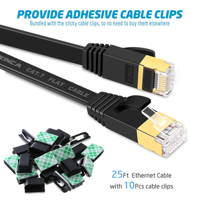 XINCA Cat 7 Flat Ethernet Cable 25ft Black, High Speed 10GB Shielded (STP) LAN Internet Network Cable Ethernet Patch Computer Cable with Rj45 Connectors and 10pcs Adhesive Clips