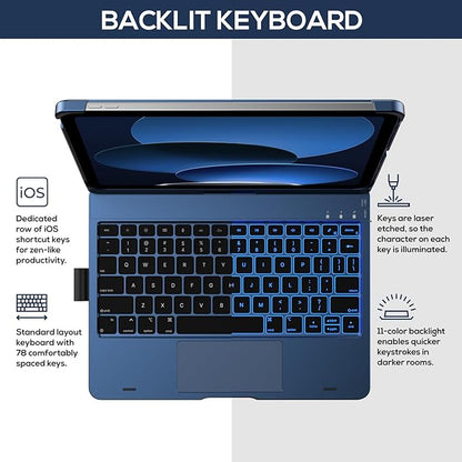typecase Touch iPad 10th Generation Case with Keyboard (10.9", 2022) and iPad A16 (11th Gen, 2025) – 360° Rotatable, 11-Color Backlit, Multi-Touch Trackpad, Thin & Light (Midnight Blue)