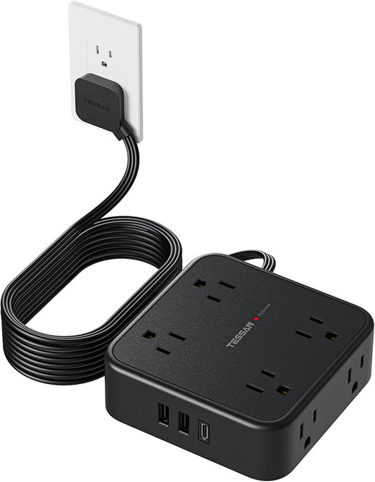 TESSAN Surge Protector Power Strip, 10 Ft Flat Plug Extension Cord with 3 USB (1 USB C) 8 Outlets, 1250W, 900J Protection, 3 Sided Outlet Extender with Power Switch for Office, Dorm Room, Black