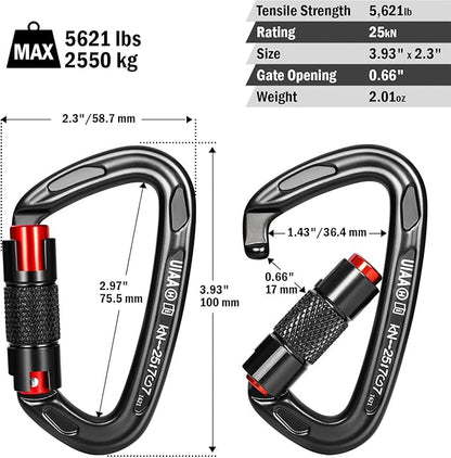 FresKaro 25kN Climbing Carabiners Double Locking Carabiner Clips, Heavy Duty Carabiner for Rock Climbing, Rappelling, Hunting, or Survival Gear kit, Gym Equipment, Cerfified UIAA Carabiner Black