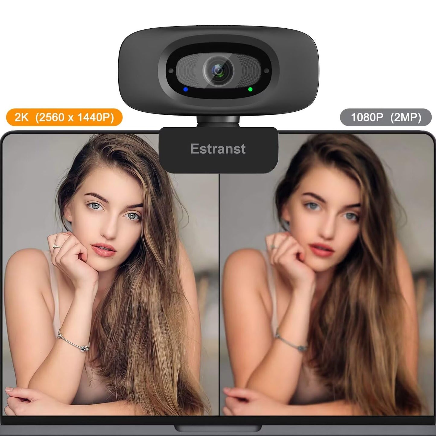Estranst 2K Quad HD Webcam with Privacy Cover & Noise-Canceling Microphone & USB C Adapter, Video Web Streaming Camera for PC Computer Desktop Laptop Mac Zoom Teams &More, 2pcs Cable Organizer