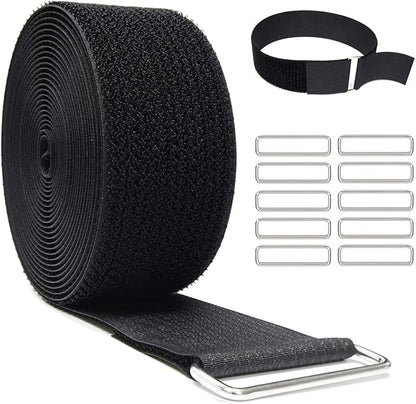 2"x16ft Reusable Cinch Strap with 10 Metal Buckles, Cut-to-Length Fastening Securing Straps, Adjustable Nylon Cable Straps and Cord Ties for Organizer or Storage, 2 inch Wide, Black