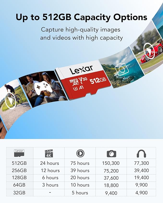 Lexar E-Series 512GB Micro SD Card, microSDXC UHS-I Flash Memory Card with Adapter, 100MB/s, C10, U3, A1, V30, Full HD, 4K UHD, High Speed TF Card