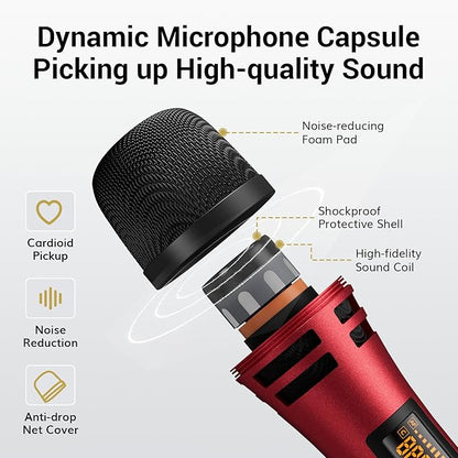 TONOR Wireless Microphones System with 4x10 Channels Cordless Handheld Microfono Inalambrico, UHF Mics with Stable Signal Transmission for Karaoke Singing Party Church Wedding PA Speaker 200ft Red