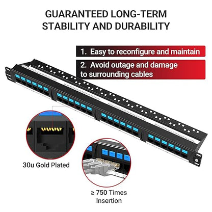 AMPCOM CAT6 24 Ports Patch Panel, Rack Mount - 1U, 19 inch，RJ45 Ethernet 568A 568B, Gold Plated, with Rear Cable Management Bar
