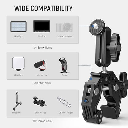 NEEWER Super Clamp with 3" Dual Ballhead Magic Arm, Cold Shoe, 1/4" Threads, Phone/Action Camera Mount Adapter for Desk Tripod Tube Crossbar Gimbal Rods Compatible with SmallRig GoPro DJI, ST83