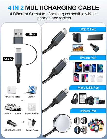 4-in-2 Charging Cable for Apple Watch Charger/Samsung/iPhone Charger,Car/Travel Essentials,Type C Cable Multi Cord for iWatch Ultra/10-2/iPhone 16-11/Samsung S25-S20,PlayStation 4,iPad,airPods-Black