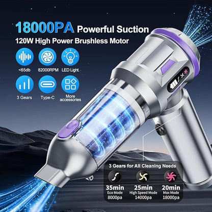 Car Vacuum Portable Cordless, 18000pa Mini Vacuum Cleaner, 4 in 1 Handheld Vacuum Cordless Rechargeable, 120W High Power Hand Held Vacuum Cleaner With LED Light Multi-nozzles for Car Home Office Pet