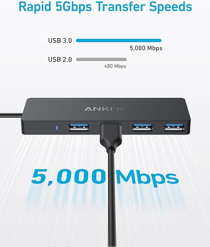 Anker 4-Port USB 3.0 Hub with 5Gbps Data Transfer, Ultra-Slim Data USB C Hub [Charging Not Supported], for MacBook, iMac, Surface, Mobile HDD, and More (USB-C, 0.7 ft)