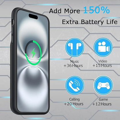 Battery Case iPhone 16 Plus, Upgraded 12000mAh Rechargeable Portable Extended Battery Pack Supported Qi Wireless Charging Case Compatible with iPhone 16 Plus (6.7 inch) Charger Case Power Bank (Black)