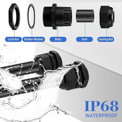 Duraaamo 100pcs Nylon Cable Gland Kit 3-25 mm Cable Gland Connectors NPT Waterproof Strain Relief Cord Connector Black Plastic Cord Grip Weatherproof Cable Pass Through PG7 PG9 PG13.5 PG21 PG29