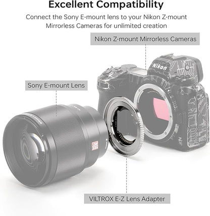 VILTROX E-Z Lens Adapter, E-Mount Lens to Z-Mount Camera Auto Focus Lens Adapter Compatible with Sony E-Mount Lens to Mirrorless Nikon Z-Mount Cameras Z5 Z50 Z6 Z6II Z7 Z7II Zfc