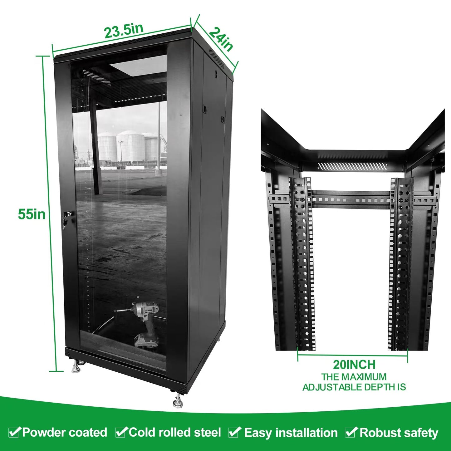 GlobalRack 27U Server Cabinet, Glass Door, Locking Casters, 2 Fans