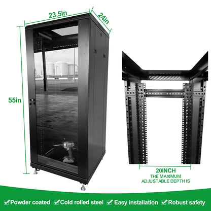 GlobalRack 27U Server Cabinet, Glass Door, Locking Casters, 2 Fans