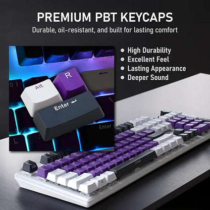 iRocks K74R Wireless RGB Illuminated Mechanical Gaming Keyboard, Hot-Swappable Switches, Floating Design, PBT 107 Keys NKRO, Detachable USB-C Cable - White Amethyst (Brown Switches)