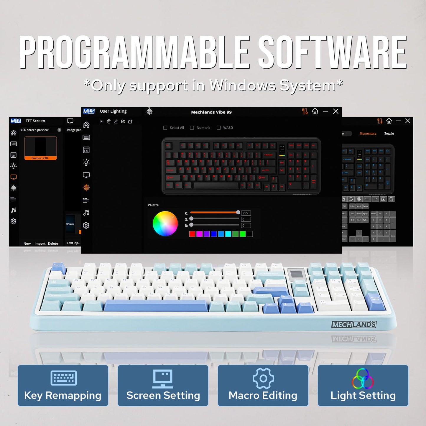 MechLands Vibe99 Wireless Gaming Keyboard with 1.06'' Screen, 96% Hot Swappable Creamy Mechanical Keyboard with Gasket Structure, BT5.0/2.4GHz/USB-C, 5-Layer Padding, RGB, NKRO for Win/Mac (Blue)