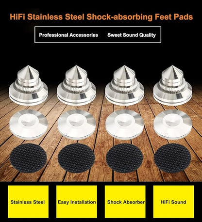 4 Sets Speaker Isolation Stand Feet, Stainless Steel Speaker Base Pads, Shockproof 28-32mm Adjustable Speaker Vibration Absorber Spike Cone Mats for Amplifier Turntable DAC Recorder CD (27x29x5MM)
