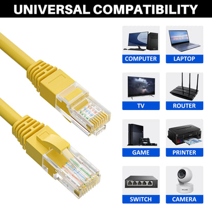 Cat5e Ethernet Cable 50 FT, Long Cat 5e Internet Cable, Yellow Snagless Patch Cord, Flexible, Network, LAN, PoE, Standard RJ45 Connector for PC, Server, Router, Modem, TV, PS5 - with 15 Cable Ties