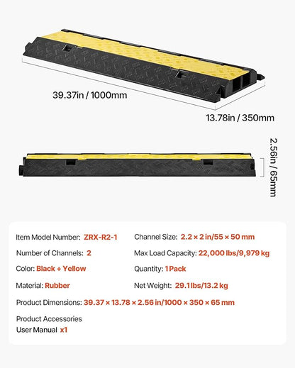VEVOR Cable Protector Ramp, 2 Channel Heavy Duty 39.37'' Rubber Cord Hose Wire Cover, 2.2''W x 2''H Channel Size, Traffic Speed Bump with Flip-Open Top Cover, for Indoor Outdoor Use
