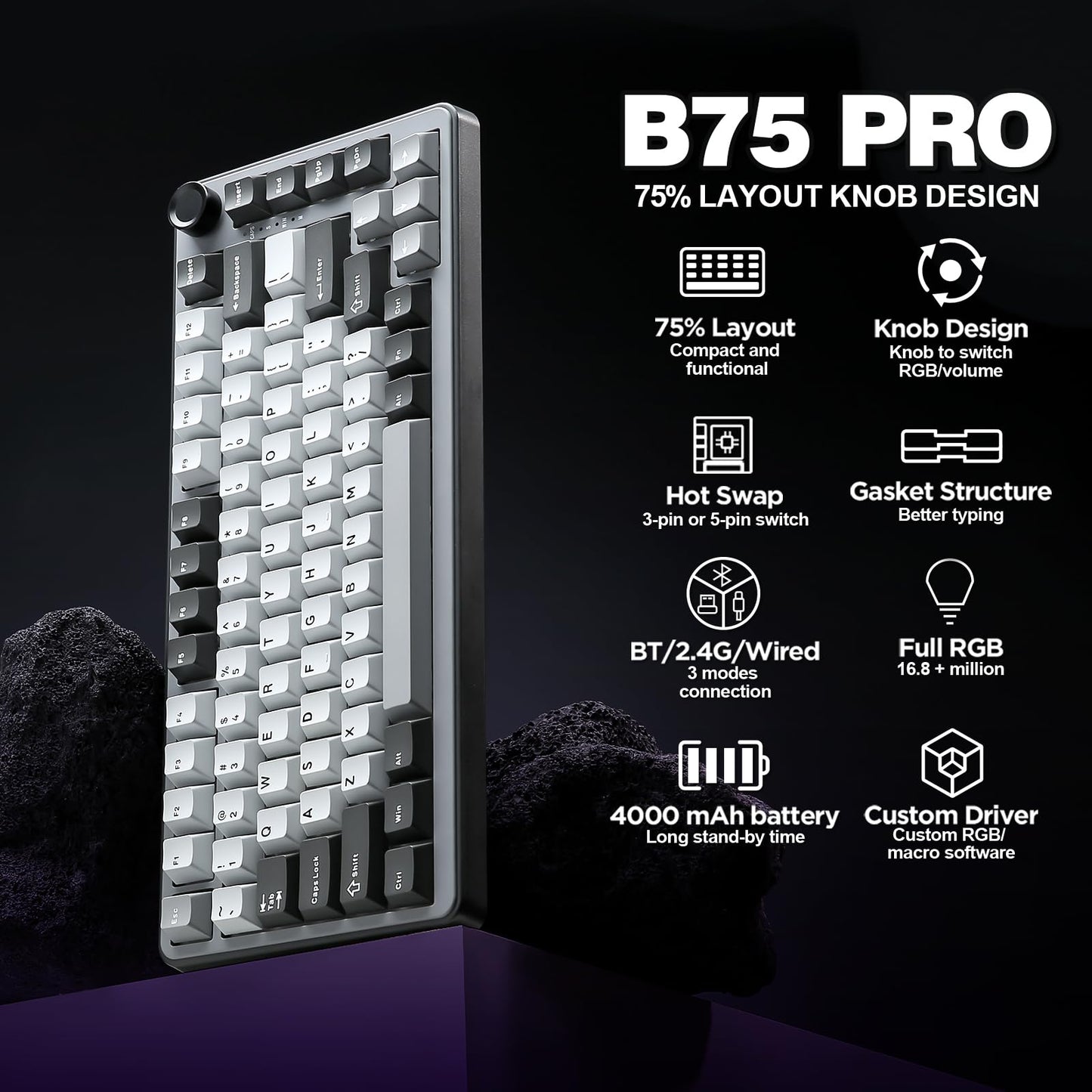 YUNZII B75 PRO 75% Wireless Mechanical Keyboard (Dark Grey,Cocoa V2)