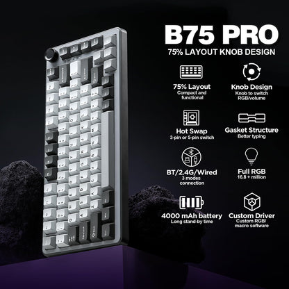 YUNZII B75 PRO 75% Wireless Mechanical Keyboard (Dark Grey,Cocoa V2)
