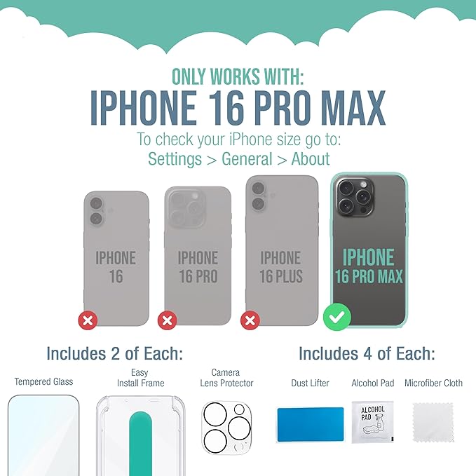 Smartish® iPhone 16 Pro Max Screen Protector + Camera Lens Covers - Tuff Sheet - 2-Pack Tempered Glass 9H Easy Install Frame Case-Friendly - Dynamic Island for Apple iPhone 16 Pro Max - Clear 2-Pack