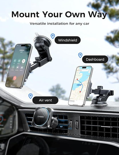 CHGeek for 15W Magsafe Car Mount Charger, iPhone Wireless Car Charger Magnetic Car Phone Holder Mount Fit iPhone 16 15 14 13 Magsafe Case, Vent/Windshield/Dash Phone Mount Holder Fast Cooling Charger