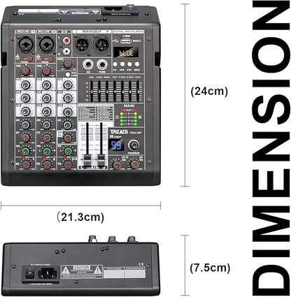 Audio Mixer, 4 Channel Sound Board Mixing Console with 99-Bit DSP, 7-Band Eq Output, Digital MP3 Computer Input, Professional DJ Mixer Board with 48V Phantom Power Stereofor Recording Live